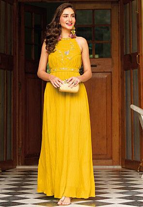 Embroidered Georgette Gown in Yellow