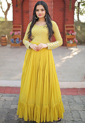 Embroidered Georgette Gown in Yellow