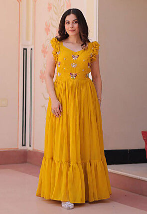 Embroidered Georgette Gown in Yellow