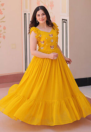 Embroidered Georgette Gown in Yellow