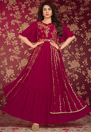Embroidered Georgette Gown with Attached Dupatta in Magenta