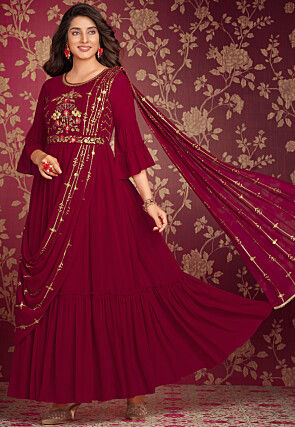 Embroidered Georgette Gown with Attached Dupatta in Maroon