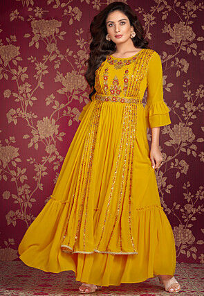 Embroidered Georgette Gown with Attached Dupatta in Mustard
