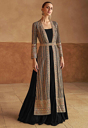 Embroidered Georgette Gown with Jacket in Black
