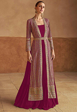 Embroidered Georgette Gown with Jacket in Pink