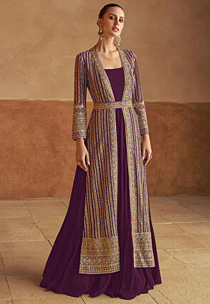 Embroidered Georgette Gown with Jacket in Purple