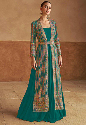 Embroidered Georgette Gown with Jacket in Teal Green