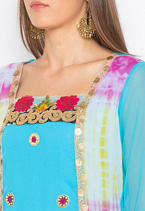 Embroidered Georgette High Low Kurta in Sky Blue