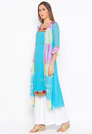 Embroidered Georgette High Low Kurta in Sky Blue