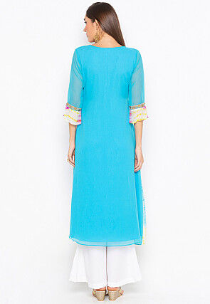 Embroidered Georgette High Low Kurta in Sky Blue