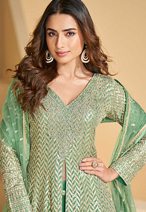 Embroidered Georgette High Low Pakistani Suit in Light Green