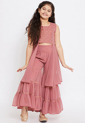 Embroidered Georgette High Low Top Set in Old Rose