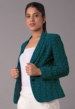 Embroidered Georgette Jacket in Teal Blue