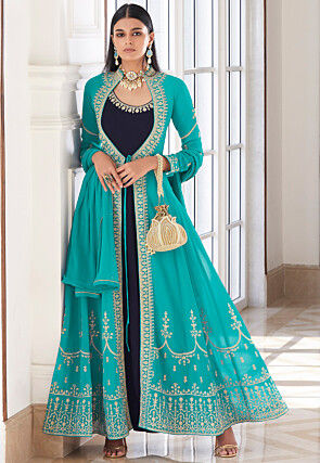 Embroidered Georgette Jacket Style Abaya Suit in Blue