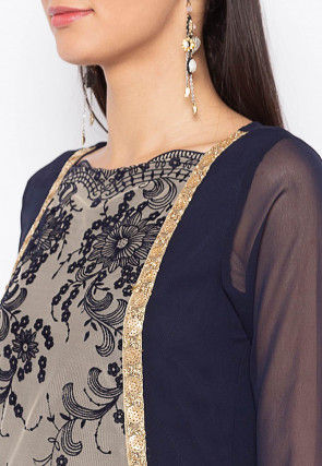 Embroidered Georgette Jacket Style Kurta in Navy Blue and Beige