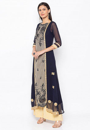 Embroidered Georgette Jacket Style Kurta in Navy Blue and Beige