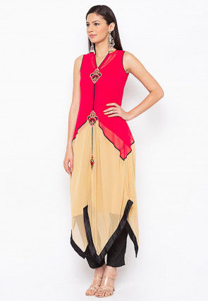 Embroidered Georgette Jacket Style Kurta in Orange and White