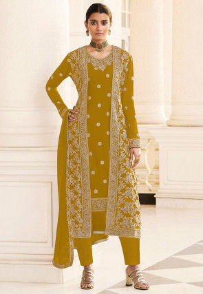 Embroidered Georgette Jacket Style Pakistani Suit in Mustard