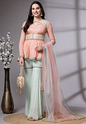 Embroidered Georgette Jacket Style Pakistani Suit in Peach