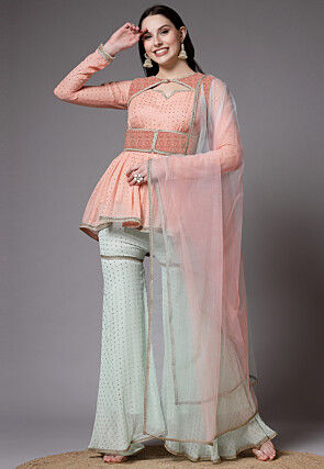 Embroidered Georgette Jacket Style Pakistani Suit in Peach