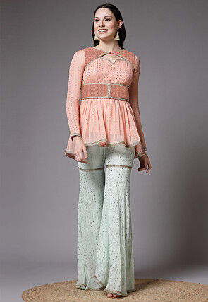 Embroidered Georgette Jacket Style Pakistani Suit in Peach