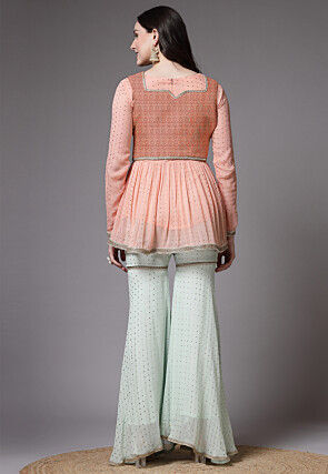 Embroidered Georgette Jacket Style Pakistani Suit in Peach