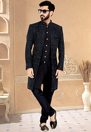 Embroidered Georgette Jacket Style Sherwani in Black