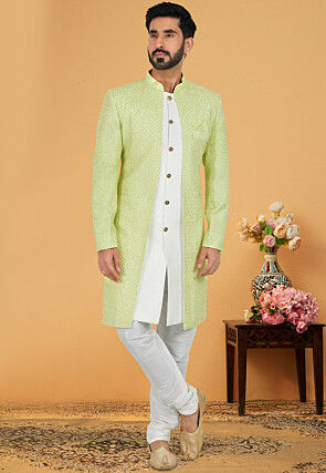 Embroidered Georgette Jacket Style Sherwani in Green and White