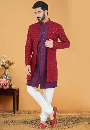 Embroidered Georgette Jacket Style Sherwani in Red and Purple