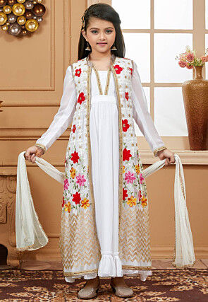 Embroidered Georgette Jacquard Abaya Style Suit in Off White