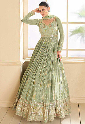 Embroidered Georgette Jacquard Abaya Style Suit in Sea Green