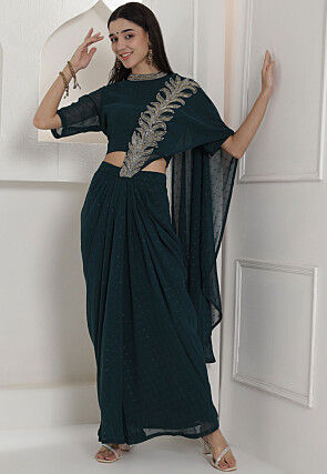 Embroidered Georgette Jacquard Crop Top Set in Teal Blue with Attached Dupatta in Teal Blue