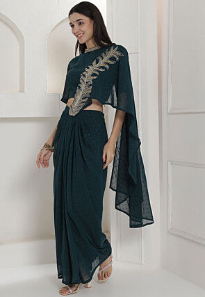 Embroidered Georgette Jacquard Crop Top Set in Teal Blue with Attached Dupatta in Teal Blue