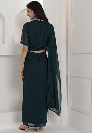 Embroidered Georgette Jacquard Crop Top Set in Teal Blue with Attached Dupatta in Teal Blue