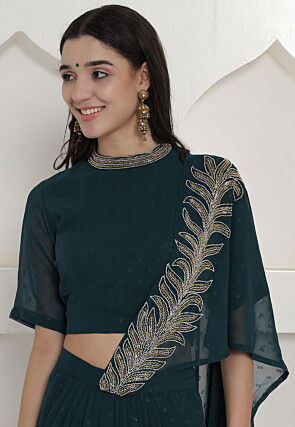 Embroidered Georgette Jacquard Crop Top Set in Teal Blue with Attached Dupatta in Teal Blue