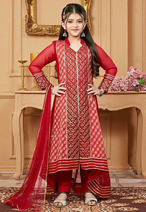 Embroidered Georgette Jacquard Pakistani Suit in Red