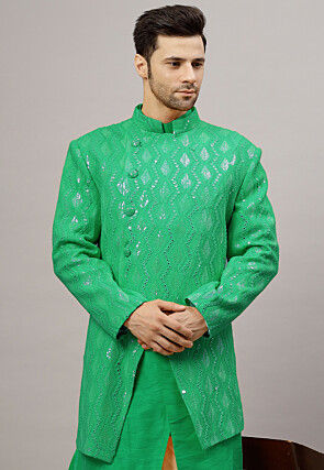 Embroidered Georgette Jodhpuri Jacket in Green