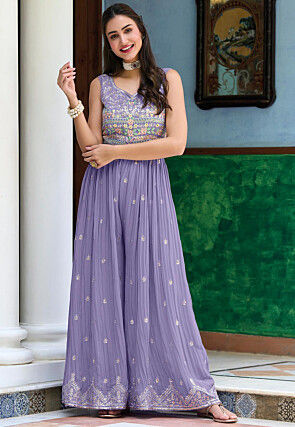 Embroidered Georgette Jumpsuit in Light Purple