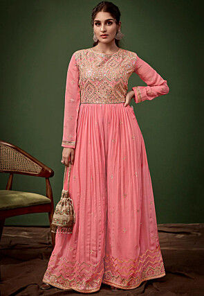 Embroidered Georgette Jumpsuit in Pink