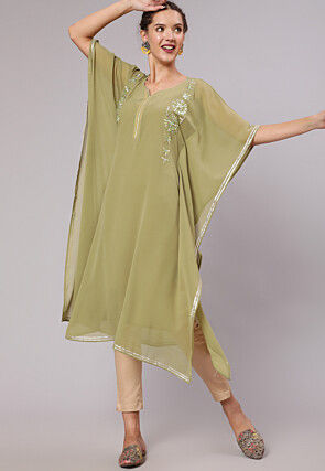 Embroidered Georgette Kaftan in Dusty Olive Green