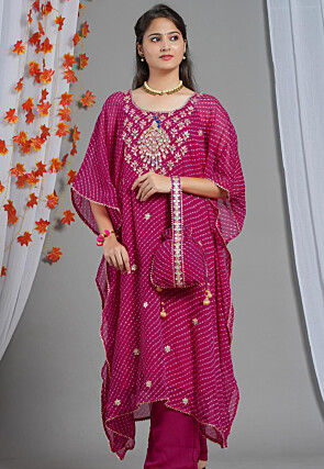 Embroidered Georgette Kaftan in Fuchsia