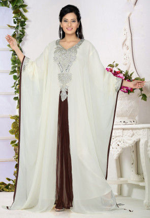 Embroidered Georgette Kaftan in Off White and Brown