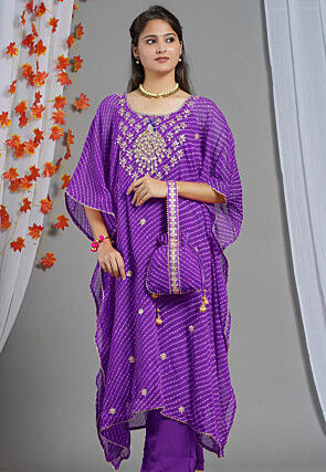 Embroidered Georgette Kaftan in Purple
