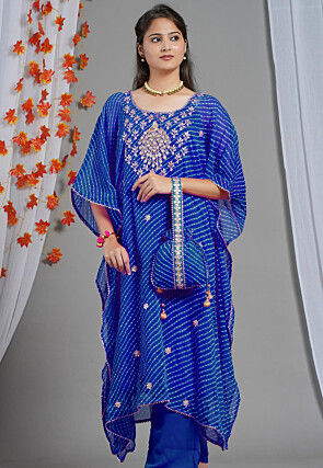 Embroidered Georgette Kaftan in Royal Blue