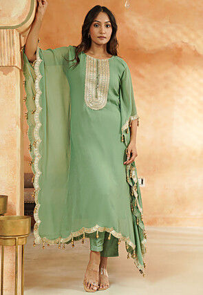 Embroidered Georgette Kaftan Kurta Set in Dusty Green