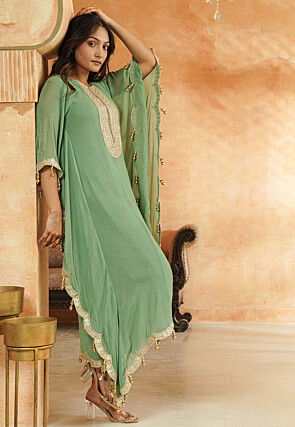 Embroidered Georgette Kaftan Kurta Set in Dusty Green