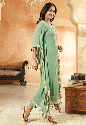 Embroidered Georgette Kaftan Kurta Set in Dusty Green