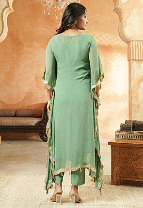 Embroidered Georgette Kaftan Kurta Set in Dusty Green