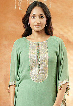 Embroidered Georgette Kaftan Kurta Set in Dusty Green