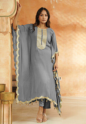 Embroidered Georgette Kaftan Style Kurta Set in Grey